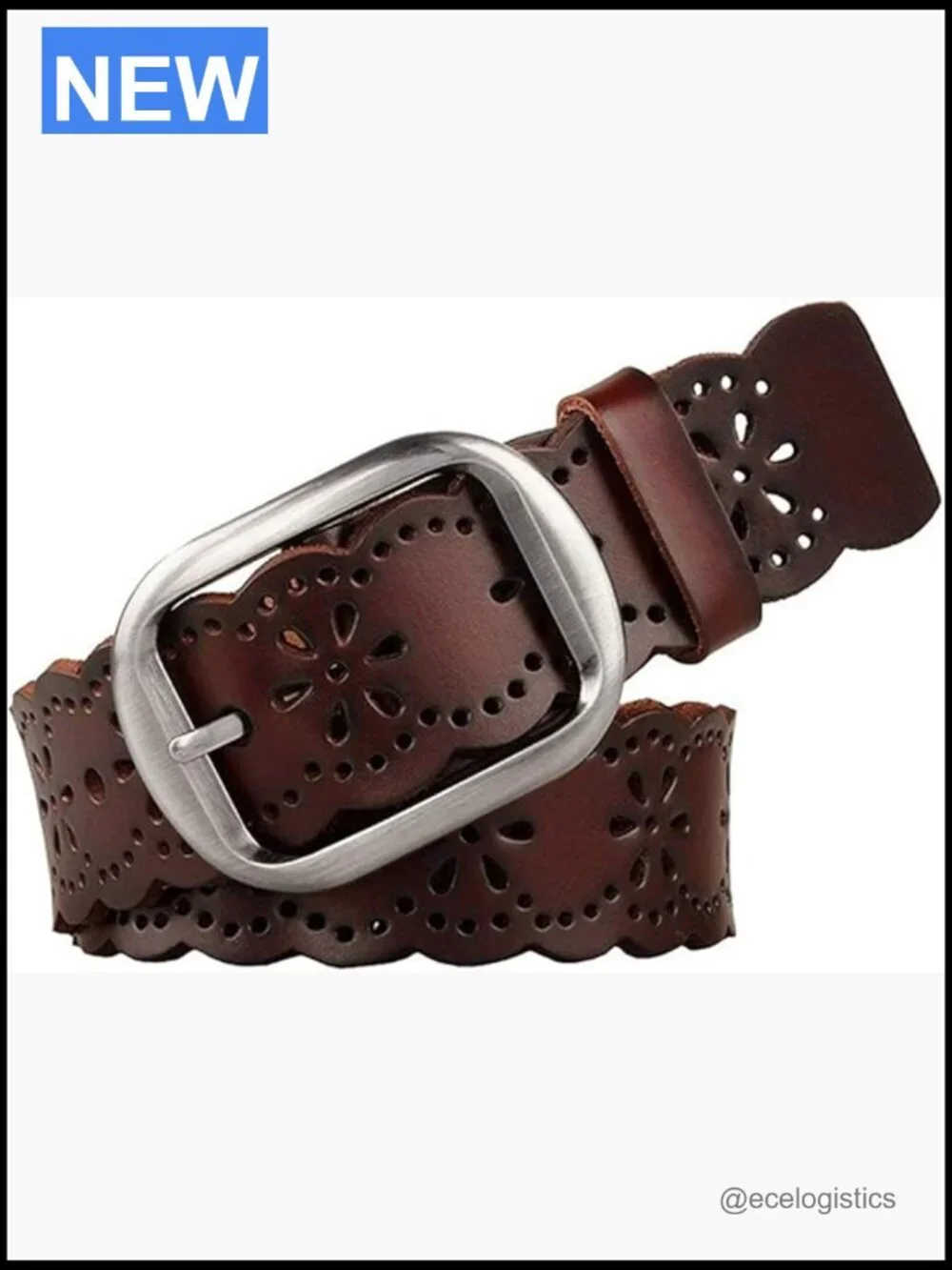 Genuine Leather Hollow Flower Wide Belt for Jeans Pants